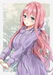  1girl abigail_(heart_of_the_woods) blush border dress green_eyes heart_of_the_woods highres kaetzchen long_hair long_sleeves looking_at_viewer low_ponytail open_mouth patterned_background pink_hair purple_dress ribbon shiny_skin smile solo wavy_hair white_border white_ribbon 
