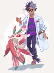  1boy :d bangs black-framed_eyewear breast_pocket closed_eyes coat collarbone commentary_request glasses hand_up highres jacq_(pokemon) lurantis male_focus mikami open_clothes open_coat open_mouth pants pocket pokemon pokemon_(creature) pokemon_(game) pokemon_sv purple_hair purple_pants purple_shirt sandals shirt short_hair smile standing striped striped_shirt teeth toes translation_request white_footwear 