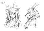  1girl absurdres animal_ears animal_nose antlers bangs body_fur breasts character_name closed_mouth commentary_request deer_ears facial_mark from_side furry furry_female greyscale happy highres japanese_clothes kame_(3t) kimono looking_at_viewer looking_to_the_side medium_breasts medium_hair monochrome multiple_views original profile reindeer_antlers reindeer_girl shide sidelocks simple_background sketch smile snout split_mouth straight-on swept_bangs translated white_background yuzuki_(kame_(3t)) 