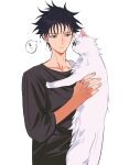  1boy animal animalization bangs black_hair black_shirt cat closed_mouth commentary_request fushiguro_megumi gojou_satoru green_eyes hair_between_eyes highres holding holding_animal holding_cat jujutsu_kaisen male_focus shenshan_laolin shirt short_hair simple_background spiky_hair translation_request white_background 