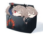  3girls bow brown_hair chibi clone closed_eyes commentary_request crate fingerless_gloves girls_frontline gloves hair_bow in_container long_hair morisenn multiple_girls one_eye_closed red_eyes red_gloves simple_background sp9_(girls&#039;_frontline) white_background 