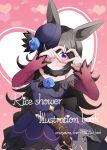  1girl absurdres animal_ears back_bow belt black_belt black_bow black_hair blue_dress blue_flower blue_headwear blue_rose bow character_name coco_(coco_rr) copyright_name cover cover_page dagger doujin_cover dress english_text flower fur_collar hair_over_one_eye hat hat_flower heart heart_hands highres horse_ears horse_girl knife long_hair looking_at_viewer off-shoulder_dress off_shoulder rice_shower_(umamusume) rose scabbard sheath sheathed short_dress solo standing tilted_headwear umamusume violet_eyes weapon 