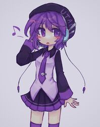  1girl agpgwm arm_at_side bangs beret black_skirt black_sleeves blush_stickers cable collared_shirt commentary copyright_name cowboy_shot grey_background hand_on_headphones hand_up hat headphones highres looking_at_viewer microphone musical_note necktie no_nose open_mouth pleated_skirt purple_hair purple_necktie purple_vest romaji_text shirt short_hair sideways_glance simple_background skirt solo spoken_musical_note tie_clip utane_uta utau vest violet_eyes 