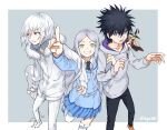  2boys 2girls accelerator_(toaru_majutsu_no_index) albino aleister_crowley_(toaru_majutsu_no_index) ambiguous_gender androgynous annoyed arrow_print belt black_choker black_hair black_necktie black_pants blue_jacket blue_skirt boots border brown_footwear cane choker diagonal_stripes electrodes full_body fur-trimmed_jacket fur_trim genderswap genderswap_(mtf) grey_background grin hand_up highres holding holding_another&#039;s_arm holding_cane holding_crutch hood hood_down hoodie hopetrash555 jacket kamijou_touma knee_boots knee_up long_hair long_sleeves looking_at_viewer looking_to_the_side miniskirt multiple_boys multiple_girls necktie open_mouth othinus pants pleated_skirt pointing pov red_eyes sanpaku short_hair signature skirt smile spiky_hair standing standing_on_one_leg striped surprised toaru_majutsu_no_index white_border white_footwear white_hair white_jacket white_pants 