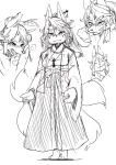  1girl :3 angry animal_ears animal_feet animal_nose bangs barefoot bead_necklace beads blush breasts breath clenched_hand clenched_teeth closed_mouth drooling facial_mark feet forehead_mark forked_eyebrows fox_ears fox_girl fox_tail full_body furry furry_female greyscale hair_bun hair_ornament hair_stick hakama hakama_skirt hand_up happy japanese_clothes jewelry kame_(3t) kimono long_sleeves looking_at_viewer medium_breasts monochrome multiple_tails multiple_views necklace nose_blush open_mouth original saliva sidelocks simple_background single_hair_bun sketch skirt smile snout split_mouth standing swept_bangs tail teeth tongue tongue_out whisker_markings white_background wide_sleeves 