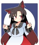  1girl animal_ear_fluff animal_ears blush brooch brown_hair closed_mouth collarbone dress frilled_sleeves frills highres imaizumi_kagerou ini_(inunabe00) jewelry long_hair long_sleeves red_dress red_eyes solo touhou upper_body white_dress wolf_ears 