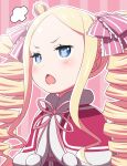  1girl :&lt; ai_wa_muteki beatrice_(re:zero) blonde_hair blue_eyes blush bow butterfly-shaped_pupils capelet crown dress dress_bow drill_hair female_child forehead from_side fur-trimmed_capelet fur_trim hair_ribbon highres long_hair looking_to_the_side mini_crown open_mouth pink_background pink_ribbon portrait re:zero_kara_hajimeru_isekai_seikatsu red_capelet red_dress ribbon sidelocks solo speech_bubble striped striped_background twin_drills v-shaped_eyebrows 