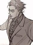  1boy absurdres animal_print coat collared_shirt formal glasses goggles greyscale highres jujutsu_kaisen leopard_print lips long_sleeves male_focus monochrome nanami_kento necktie neconii_oo parted_lips shirt short_hair solo suit upper_body 