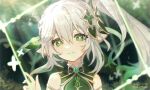  1girl @lm armlet bangs bare_shoulders blurry blush braid closed_mouth commentary_request cross-shaped_pupils day depth_of_field floating_hair genshin_impact gradient_hair green_eyes green_hair grey_hair hair_between_eyes hair_ornament hand_up head_tilt highres leaf_hair_ornament light_rays long_hair looking_at_viewer multicolored_hair nahida_(genshin_impact) outdoors pointy_ears side_braid side_ponytail sidelocks sleeveless smile solo symbol-shaped_pupils twitter_username 