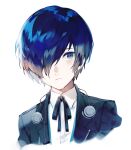  1boy bishounen black_jacket black_ribbon blue_eyes blue_hair closed_mouth collared_shirt cropped_torso frown gekkoukan_high_school_uniform hair_over_one_eye highres jacket looking_at_viewer lor_(roasyerizyonirapi) male_focus neck_ribbon open_clothes open_jacket persona persona_3 portrait ribbon school_uniform shirt short_hair solo white_background white_shirt wing_collar yuuki_makoto 