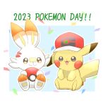  2023 baseball_cap closed_mouth confetti hat highres holding holding_poke_ball open_mouth pikachu poke_ball pokemon pokemon_(creature) popo_niba scorbunny simple_background sitting smile yellow_eyes 