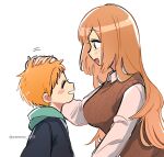  1boy 1girl bleach blush_stickers brown_eyes brown_hair brown_vest cardigan_vest collared_shirt hand_on_another&#039;s_head happy headpat inoue_orihime kurosaki_kazui long_hair long_sleeves looking_back mother_and_son open_mouth orange_hair shirt upper_body vest white_shirt yanono_015 