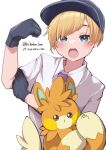  1boy absurdres asymmetrical_bangs asymmetrical_hair bangs baseball_cap black_gloves black_headwear blonde_hair blue_eyes blue_pupils collared_shirt florian_(pokemon) gloves hand_on_own_arm hand_up hat highres looking_at_viewer male_focus necktie okun0325 open_mouth pawmot pokemon pokemon_(creature) pokemon_(game) pokemon_sv purple_necktie school_uniform shirt short_hair short_sleeves simple_background solo teeth twitter_username upper_teeth_only uva_academy_school_uniform white_background white_shirt 