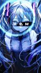  1girl absurdres aqua_eyes aqua_hair arm_tattoo bangs bar_censor bare_shoulders censored closed_mouth collared_shirt crossed_bangs detached_sleeves dot_nose expressionless from_above glitch glowing glowing_eye hair_between_eyes hair_ornament hatsune_miku hatsune_miku_(vocaloid4) headphones highres identity_censor long_hair looking_at_viewer looking_up microphone necktie number_tattoo one_eye_covered shiota_shake shirt sleeveless sleeveless_shirt solo song_name tattoo tokumei_m_(vocaloid) twintails upper_body vocaloid 