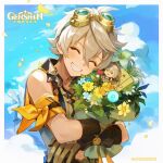  1boy bandaid bandaid_on_face bandaid_on_nose bangs bennett_(genshin_impact) blue_flower blue_sky blush bouquet brown_gloves closed_eyes clouds day english_commentary flower genshin_impact gloves goggles grey_hair grin hair_between_eyes highres holding holding_bouquet leaf logo male_focus official_art outdoors petals sky smile solo upper_body white_flower windmill yellow_flower 