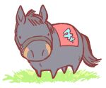  bridle chibi commentary grass horse looking_at_viewer no_humans real_life simple_background standing takatsuki_nato translated white_background winning_ticket_(racehorse) 