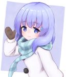  1girl absurdres arm_at_side arm_up bangs blue_background blue_eyes blue_hair blue_scarf blush border brown_gloves closed_mouth coat commentary_request female_child flat_chest from_side gloves hair_ornament happy highres long_hair long_sleeves looking_at_viewer mittens nijisanji outside_border pom_pom_(clothes) scarf sidelocks simple_background smile snowflake_hair_ornament solo striped striped_scarf upper_body urabe_miyabi virtual_youtuber waving white_border white_coat winter_clothes yuuki_chihiro 