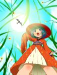  1girl bangs bird black_sash blue_eyes blue_hair blue_sky blunt_bangs blush body_blush bowl bowl_hat clouds commentary_request feet_out_of_frame flower from_below grass hat highres iwaserie japanese_clothes kimono long_sleeves looking_afar needle obi open_mouth red_kimono sash sewing_needle short_hair sky solo sukuna_shinmyoumaru sun touhou wide_sleeves yellow_flower 