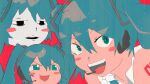  1girl blue_eyes blush_stickers eyelashes hair_between_eyes happy hatsune_miku headset highres ippotsk meme multiple_persona open_mouth pale_skin red_background shiteyan&#039;yo signature smile teeth twintails upper_teeth_only vocaloid yukkuri_shiteitte_ne 