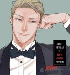  1boy black_bow black_bowtie black_suit blonde_hair blue_eyes bow bowtie character_name formal happy_birthday highres jujutsu_kaisen lips long_sleeves looking_at_viewer m_59p male_focus nanami_kento shirt short_hair solo suit twitter_username upper_body white_shirt 