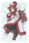  1girl alternate_costume animal_ears black_pants boots brown_footwear brown_hair coat fang fingernails full_body fur-trimmed_boots fur-trimmed_coat fur-trimmed_sleeves fur_trim highres imaizumi_kagerou long_fingernails long_hair long_sleeves nail_polish open_mouth pants red_eyes red_nails sharp_fingernails smile solo tamahana touhou white_coat wolf_ears 
