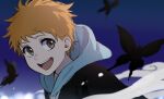  1boy bleach blue_hoodie blue_sky bug butterfly highres hood hoodie konetaa kurosaki_kazui looking_at_viewer male_focus night open_mouth orange_hair outdoors short_hair sky solo teeth upper_body upper_teeth_only 