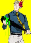  1boy alternate_eye_color animal_print black_pants blonde_hair blue_shirt club_(weapon) green_eyes grey_pants highres holding holding_weapon jujutsu_kaisen leopard_print long_sleeves looking_at_viewer male_focus mask mochiya_(mochiya0504) nanami_kento necktie oni_mask pants shirt short_hair solo spiked_club standing suspenders weapon yellow_background yellow_necktie 