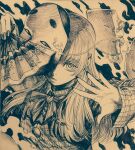  1girl bangs collared_shirt fire greyscale hand_fan hata_no_kokoro highres holding holding_fan long_hair looking_at_viewer monochrome noh_mask one_eye_covered parted_lips sendai_(nazonomono) shirt solo touhou traditional_media upper_body 