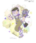  1boy alternate_costume animal bag black_hair brown_overalls cabinessence07 clothed_animal curled_horns grin highres holding holding_bag horns knife osomatsu-san overalls parody sheep shirt shoes smile sneakers striped striped_shirt style_parody tougou_(osomatsu-kun) 
