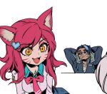  1boy 1girl academy_ahri academy_darius ahri_(league_of_legends) animal_ears bangs black_hair bow bowtie breasts closed_mouth collarbone collared_shirt commentary darius_(league_of_legends) facial_mark fang fox_ears fox_girl grey_hair grey_shirt hair_ornament heart heart_hair_ornament large_breasts league_of_legends long_hair orange_eyes phantom_ix_row pink_bow pink_bowtie plaid plaid_skirt redhead shirt short_hair simple_background skirt slit_pupils symbol-only_commentary whisker_markings white_background 