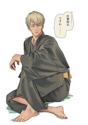  1boy barefoot blonde_hair blue_eyes full_body grey_kimono japanese_clothes jujutsu_kaisen kimono long_sleeves looking_at_viewer nanami_kento obi okaya_(blackjokecompany) sash short_hair sitting solo speech_bubble translation_request wide_sleeves yellow_sash 