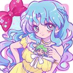  1boy 1girl blue_eyes blue_hair blush dress green_hair heart heart-shaped_pupils horns long_hair looking_at_viewer madou_monogatari one_eye_closed puyopuyo red_ribbon ribbon rulue_(puyopuyo) satan_(puyopuyo) symbol-shaped_pupils usagi_honmono yellow_dress 