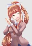  1girl :d ^_^ artist_name bangs blue_sky blunt_bangs brown_hair closed_eyes commentary doki_doki_literature_club english_commentary facing_viewer grey_background grey_jacket hair_ribbon happy head_tilt high_ponytail jacket long_hair long_sleeves monika_(doki_doki_literature_club) open_mouth own_hands_together ribbon school_uniform sidelocks simple_background sky smile solo takuyarawr very_long_hair white_ribbon 