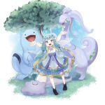  absurdres arms_up ayu_miko black_footwear blue_hair bow ditto dress dress_bow eyelashes goodra hair_bow happy highres horns long_hair open_mouth original outdoors pointy_ears pokemon purple_bow quagsire teeth thick_eyebrows tree upper_teeth_only violet_eyes 