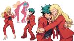  1boy 1girl ? alternate_costume black_shirt blonde_hair blush boku_no_hero_academia breasts closed_eyes collared_shirt commentary dancing formal freckles full_body green_hair happy high_heels highres holding_hands jacket lc._universe long_hair long_sleeves looking_at_another midoriya_izuku necktie open_mouth pants red_footwear red_jacket red_necktie red_pants red_suit shirt shoes short_hair simple_background smile standing striped_necktie suit symbol-only_commentary v white_background white_footwear 