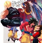  3boys age_difference black_hair body_fur dougi dragon_ball dragon_ball_gt fusion fusion_dance gogeta height_difference male_child monkey_boy monkey_tail multiple_boys muscular muscular_male ommmyoh red_fur redhead size_difference son_goku spiky_hair super_saiyan super_saiyan_4 tail vegeta 