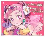  1girl clover_earrings commentary_request cone_hair_bun cure_yell hair_bun hair_ornament hayashi_(kanzume) heart heart_hair_ornament hugtto!_precure long_hair nono_hana pink_eyes pink_hair pink_lips pink_nails precure short_bangs smile solo thick_eyebrows thick_eyelashes 