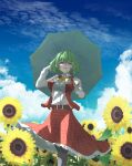  1girl absurdres ascot belt blue_sky clouds field flower flower_field green_hair highres kazami_yuuka long_sleeves looking_at_viewer open_clothes open_mouth open_vest outdoors parasol plaid plaid_skirt plaid_vest red_eyes red_skirt red_vest ryouryou shirt short_hair skirt sky solo sunflower touhou umbrella vest white_shirt yellow_ascot 