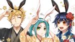  1boy 2girls :d adjusting_clothes adjusting_headwear age_difference animal_ears aqua_hair bangs beard black_hairband black_kimono blonde_hair blue_hair blue_kimono blush brown_eyes checkered_clothes checkered_kimono chinese_zodiac close-up closed_mouth commentary earrings excited facial_hair fake_animal_ears floral_print flower flower_(symbol) goatee green_eyes hair_between_eyes hair_flower hair_ornament hair_strand hair_up hairband hand_on_own_head heart height_difference hikimayu ichiharu_03 inverted_cross_earrings japanese_clothes jewelry juban kanbaru_suruga kimono light_smile long_sleeves looking_at_another looking_at_viewer monogatari_(series) motion_lines multiple_girls narrowed_eyes new_year one_eye_closed ononoki_yotsugi open_mouth oshino_meme parted_lips portrait rabbit_ears rabbit_pose red_flower short_eyebrows short_hair sidelocks single_earring smile spiky_hair thick_eyebrows tomboy translated twintails very_short_hair white_background white_hairband wide-eyed year_of_the_rabbit yellow_eyes yellow_kimono 