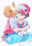  1boy amaya_uw bangs baseball_cap black_hair blue_eyes charmander closed_mouth commentary_request hat highres holding holding_poke_ball jacket male_focus open_clothes open_jacket pants pink_headwear pink_jacket poke_ball poke_ball_(basic) pokemon pokemon_(creature) pokemon_(game) pokemon_on_back pokemon_rgby red_(pokemon) shirt shoes short_hair simple_background smile white_background white_footwear 