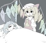  2girls :d absurdres annoyed ascot bangs breasts crystal d: dripping fang flandre_scarlet hair_between_eyes hat highres mob_cap multiple_girls on_bed one_side_up open_mouth pointy_ears puffy_sleeves remilia_scarlet short_sleeves siblings sireia_round sisters sleeping small_breasts smile touhou under_covers wings 