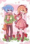  1boy 1girl alternate_costume amitie_(puyopuyo) bangs black_thighhighs blonde_hair blue_eyes blue_hair blush flower food fruit futaba969649 green_eyes hairband hand_on_own_cheek hand_on_own_face heterochromia highres holding holding_food long_sleeves one_eye_closed pink_skirt puyopuyo red_eyes short_hair sig_(puyopuyo) skirt strawberry thigh-highs 