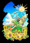  1girl :d absurdres antennae bangs barefoot black_shirt blue_hair breasts brown_eyes butterfly_wings clouds commentary_request day eternity_larva flower full_body green_skirt highres iwaserie leaf leaf_on_head looking_at_viewer medium_breasts open_mouth outdoors outstretched_arms shirt short_hair skirt smile solo sun sunflower touhou wings yellow_flower 