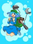  1girl :d absurdres backpack bag bangs blue_background blue_eyes blue_footwear blue_hair blue_shirt blue_skirt blush boots breasts collared_shirt commentary_request flat_cap frilled_shirt_collar frills full_body green_headwear hair_bobbles hair_ornament hat highres iwaserie jumping kawashiro_nitori long_sleeves looking_at_viewer mechanical_arms medium_hair o-ring open_mouth rubber_boots shirt skirt skirt_set small_breasts smile solo touhou two_side_up 