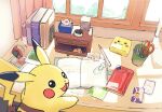  :d black_eyes blurry book card commentary_request curtains desk looking_back nao_(naaa_195) no_humans open_mouth pencil photo_(object) pikachu pokedex pokemon pokemon_(creature) poketch pokewalker scissors smile solo watch watch window 