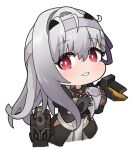  1girl bangs black_gloves chibi commentary_request cropped_torso elbow_gloves gloves goddess_of_victory:_nikke grey_hair grey_hairband hair_between_eyes hairband hands_up holding long_hair looking_at_viewer modernia_(nikke) nyaru_(nyaru_4126) parted_lips red_eyes simple_background solo upper_body very_long_hair white_background 