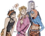  ! 4boys alternate_hairstyle animal_print black_eyes blonde_hair brown_eyes closed_eyes commentary_request crop_top earrings giorno_giovanna grey_hair guido_mista hands_in_pockets jewelry jojo_no_kimyou_na_bouken korean_commentary leone_abbacchio long_hair male_focus midriff mm_jjba multiple_boys narancia_ghirga navel one_eye_closed open_mouth signature spoken_object stud_earrings tiger_print turtleneck turtleneck_crop_top vento_aureo violet_eyes 