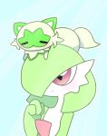  1girl :3 bangs blue_background blush bob_cut cat closed_eyes closed_mouth colored_skin commentary_request flat_chest full_body gardevoir green_hair green_skin hair_over_one_eye hand_up happy highres light_blush lying multicolored_skin on_head on_stomach one_eye_covered outline pokemon pokemon_(creature) pokemon_on_head red_eyes short_hair simple_background smile split_mouth sprigatito two-tone_skin upper_body white_outline white_skin yuri_(pixiv_76483886) 