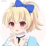  1girl ahoge alice_(alice_in_wonderland) alice_(alice_in_wonderland)_(cosplay) alice_in_wonderland andou_tazusa assault_lily bangs black_ribbon blonde_hair blue_bow blue_hairband blue_shirt bow bow_hairband buttons commentary_request cosplay frilled_shirt frilled_shirt_collar frills gradient_background hair_bow hairband hands_up high_ponytail highres jewelry light_blush looking_at_viewer neck_ribbon official_alternate_costume parted_lips piatin pink_background ponytail portrait puffy_sleeves raised_eyebrows red_eyes ribbon ring shirt short_hair smile solo twitter_username two-tone_shirt white_background 