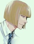  1boy ai_(ai1470) bleach blonde_hair brown_eyes collared_shirt highres hirako_shinji male_focus necktie portrait profile shirt short_hair solo striped_necktie teeth white_shirt 